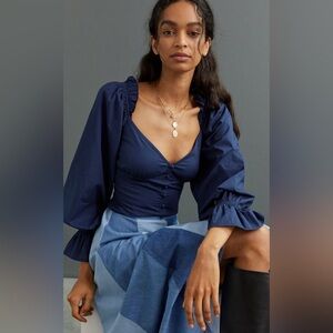 Anthropologie NWT Navy Blue 3/4 Puff Sleeve Cotton Sweetheart Neck Blouse Sz XS